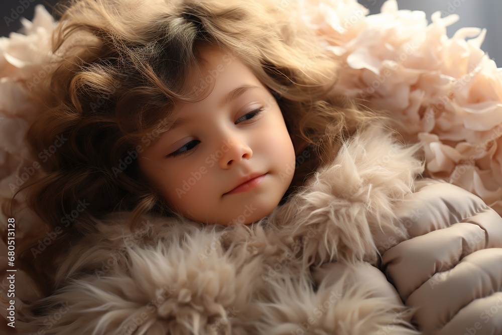 Dreamland haven: A tiny sleeper lies comfortably in a bed of clouds, enjoying a peaceful and restful nap Dreamland haven: A tiny sleeper lies comfortably in a bed of clouds, enjoying a peaceful and restful nap