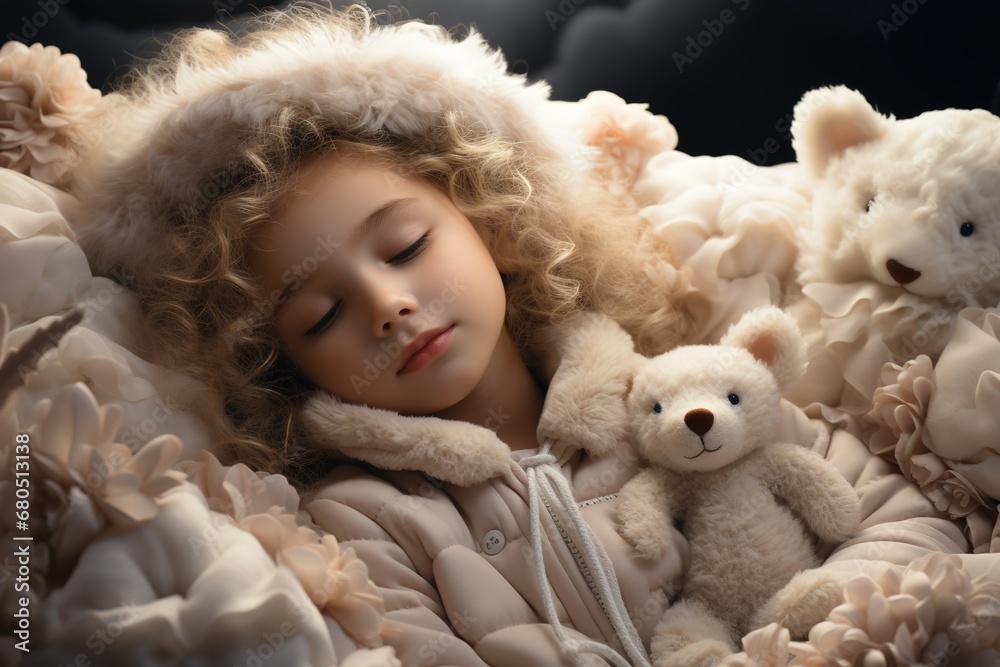 Dreamland haven: A tiny sleeper lies comfortably in a bed of clouds, enjoying a peaceful and restful nap Dreamland haven: A tiny sleeper lies comfortably in a bed of clouds, enjoying a peaceful and restful nap