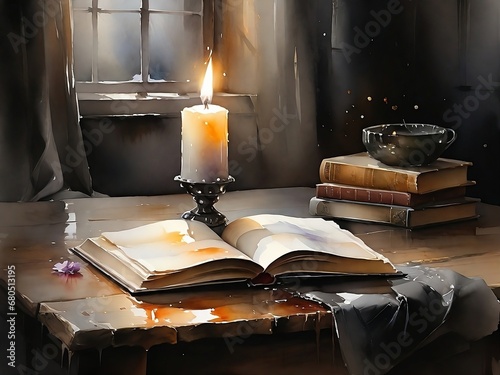 Old books and big candle