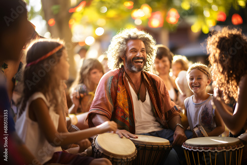 Hippy man playing percussion in a party photo