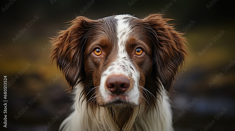 A English Springer Spaniel dog with a white face and brown hair is pointing at the camera, in the style of texture-rich layers - Generative AI