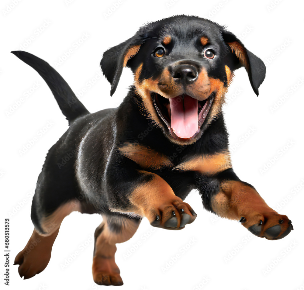Cute rottweiler puppy jumping. Playful dog cut out at background.