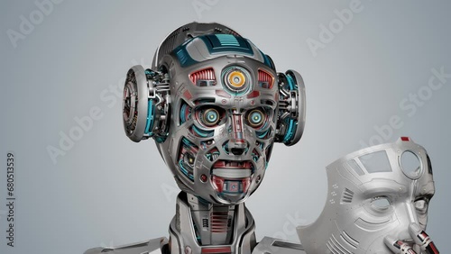 Detailed futuristic robot man or humanoid cyborg removes his face mask showing vey complex mechanism of his head with many gears. 3d rendering animation isolated on color background with alpha