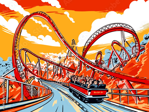 A Roller Coaster With People On It - Red roller coaster ride at fairground theme park
