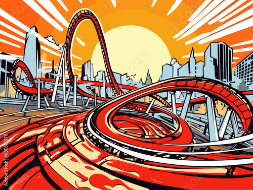 A Roller Coaster In A City - Red roller coaster ride at fairground theme park