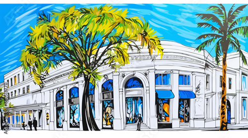 A Painting Of A Building With A Tree And Blue Awning - Rodeo Drive of Beverly Hills