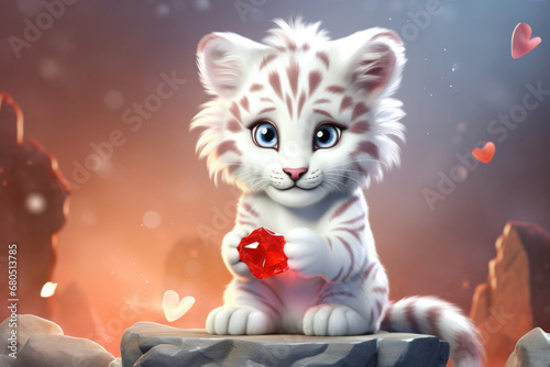 Cute small white cartoon tiger with red heart sitting on a rock
