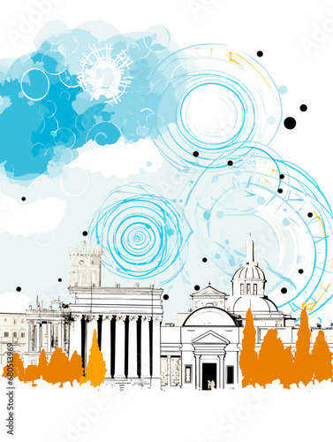 A Drawing Of A Building - Rome Italy old city skyline