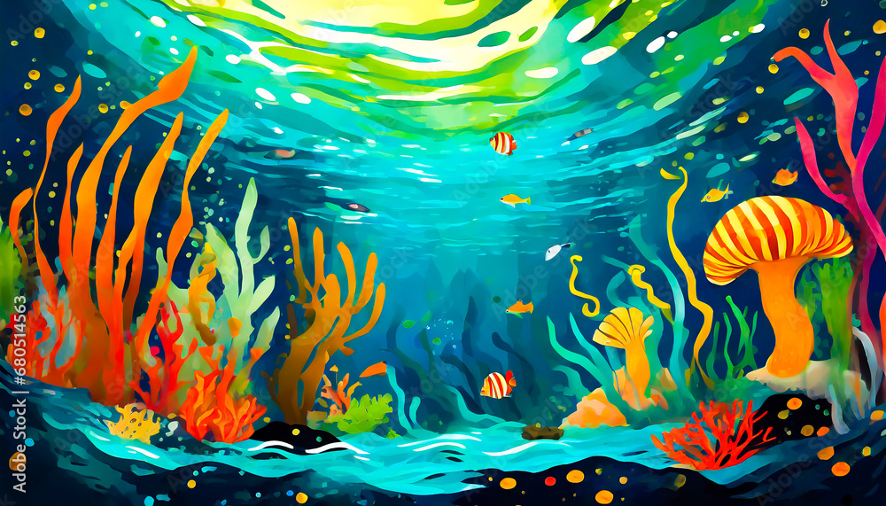 Underwater scene in gouache