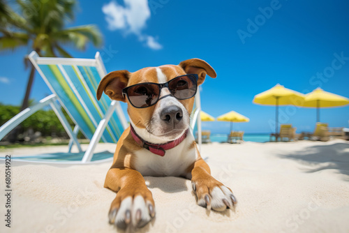 Portrait of a funny dog in sunglasses on beach background