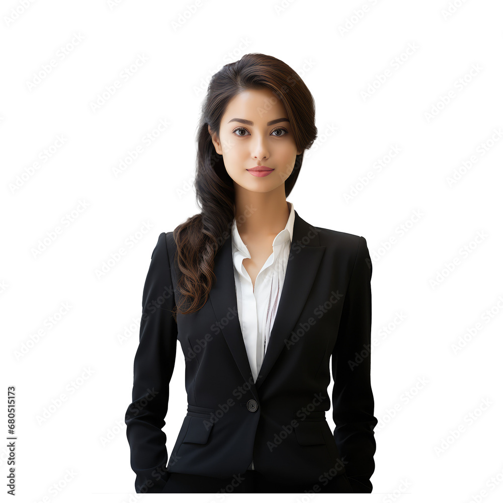 asia lady stand, drooping hands, black business suit, white shirt, slight smile asia lady stand, drooping hands, black business suit, white shirt, slight smile