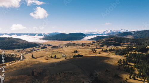 Aerial view of misty Durmitor mountain in the morning