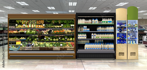 Vegetables an Dairy products in open refrigerator at supermarket. This Mockup and illustration is suitable for presenting new designs bottles and packagings among many others. photo