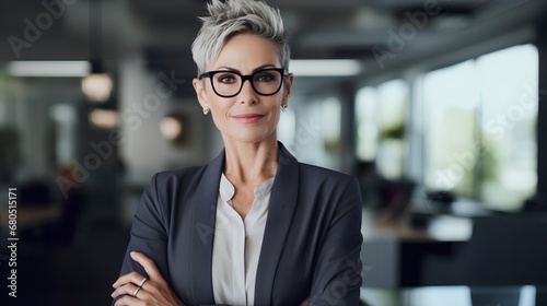 A confident middleaged woman exudes leadership and determination as she combats ageism in a modern corporate business office setting, symbolizing empowerment and success.