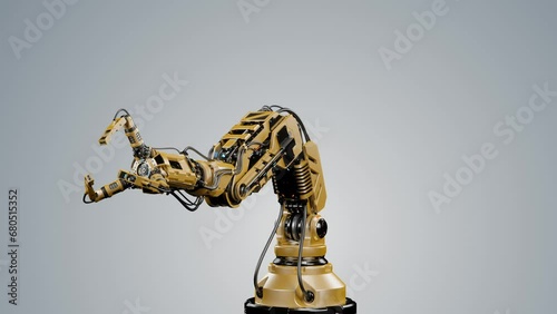 Robotic arm or yellow mechanical hand computing different movements. Industrial robot manipulator showcase. Futuristic technology. Isolated on color background with alpha. 3d rendering animation
