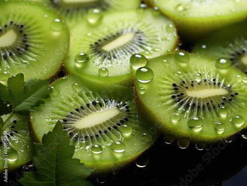 Extreme micro perspective unveils the intricate details of a thin slice of kiwi fruit in ultra-closeup. The fruit membrane texture fills the full frame, backlit with no background.