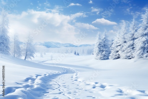 Winter landscape under snow. Background with fir trees in blue white colors