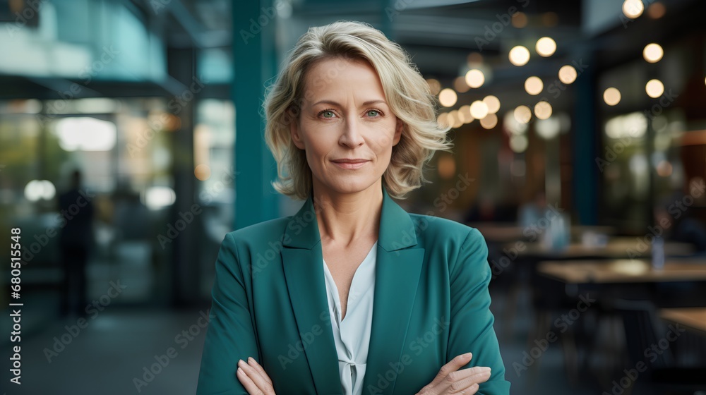 Obraz premium A confident middleaged woman exudes leadership and determination as she combats ageism in a modern corporate business office setting, symbolizing empowerment and success.