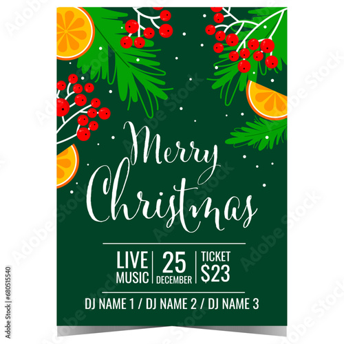 Party invitation to celebrate Christmas in festive and cheerful ambiance. Merry Christmas event invite, promo poster or banner with winter holidays decorations. Vector illustration in flat style.
