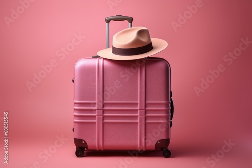 Pink suitcase with hat on pink background