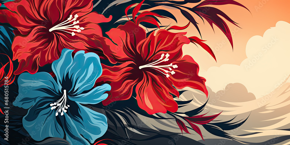 Red and blue Hawaiian patterns in a sleek flat design.
