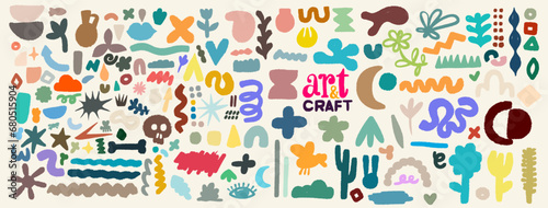 Mega set hand drawn naive, bizarre colorful geometric shapes and forms. Modern template contemporary figures, various organic shapes, doodle objects, graphic elements. Vector abstract illustrations.