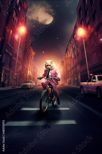 A cat in a pink suit on a bicycle on the street in the night city
