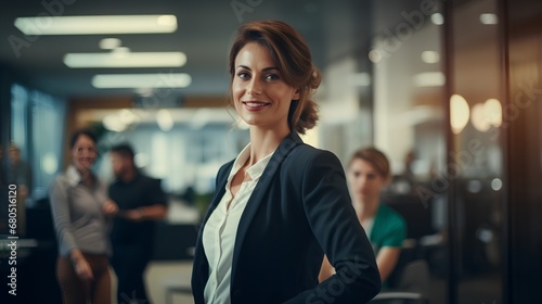 Midaged woman exudes confidence in a modern corporate business office setting, challenging workplace ageism with her successful career presence. © TensorSpark