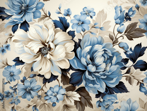 Pale blue flowers arranged in a floral pattern on a cream backdrop.