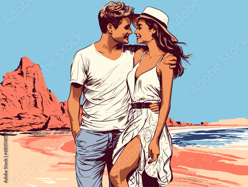 A Man And Woman Standing On A Beach - Young loving couple on honeymoon in Egypt