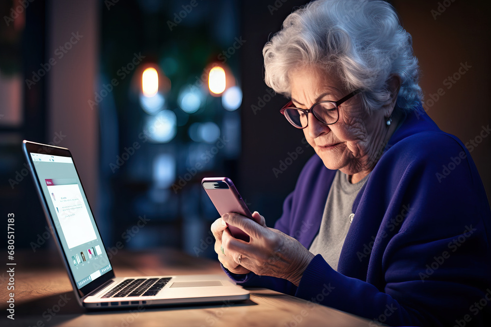 Old Woman with Phone by Laptop Computer, Online Scams Targeting Older Illustrated Old Woman with Phone by Laptop Computer, Online Scams Targeting Older Illustrated
