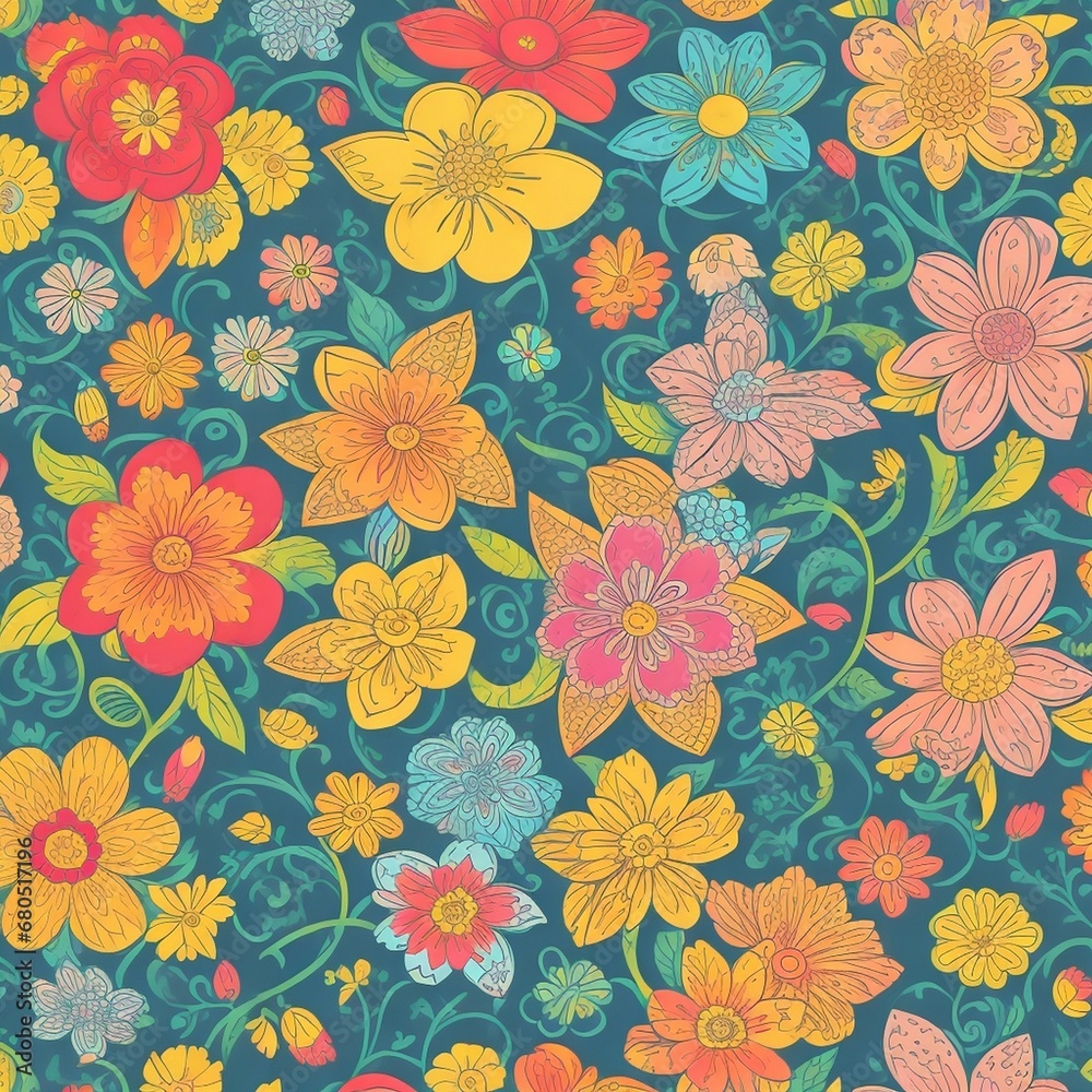 Hand-drawn Seamless Coloring Floral pattern Background Design.Retro Vintage Flower  Elegant Isolated Motif Texture Wallpaper Illustration.Beautiful Decoration Textile Ornate Element Vector Art.