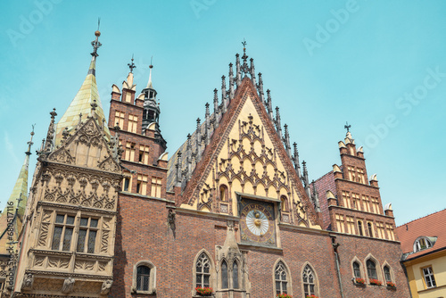 Gothic Wroclaw Old Town Hall on market square, facade, Wroclaw, Poland.