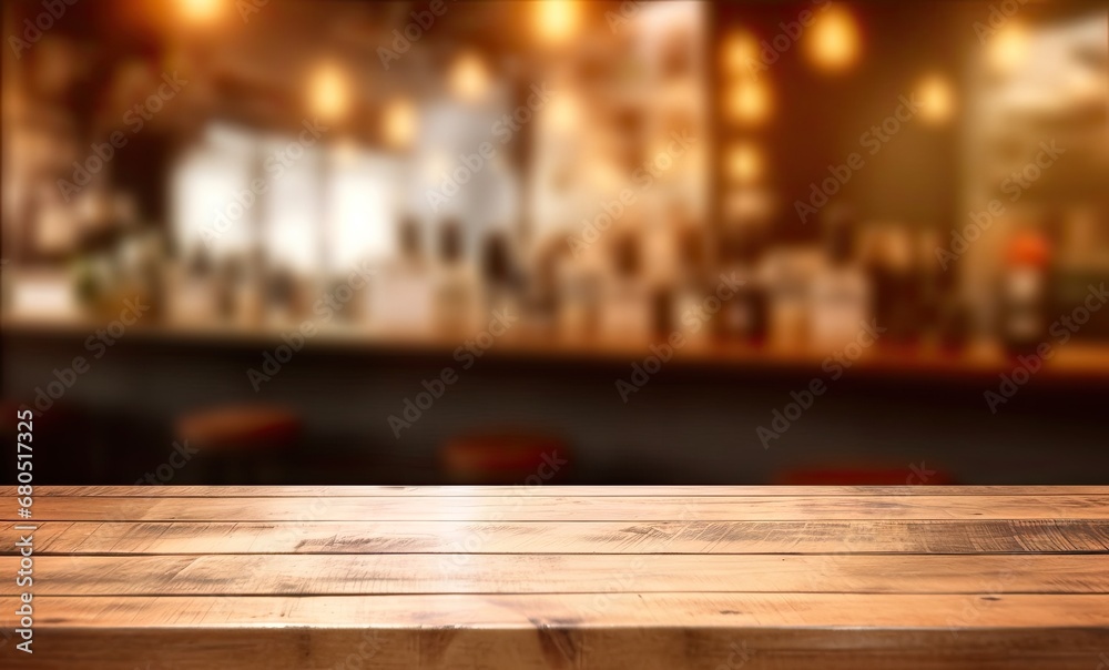 Blurred empty wooden table in modern cafe perfect background for stylish lifestyle shot. Counter with bokeh lights ideal for showcasing trendy bar or restaurant Blurred empty wooden table in modern cafe perfect background for stylish lifestyle shot. Counter with bokeh lights ideal for showcasing trendy bar or restaurant