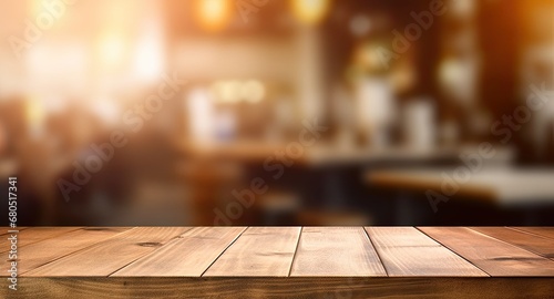 Blurred empty wooden table in modern cafe perfect background for stylish lifestyle shot. Counter with bokeh lights ideal for showcasing trendy bar or restaurant
