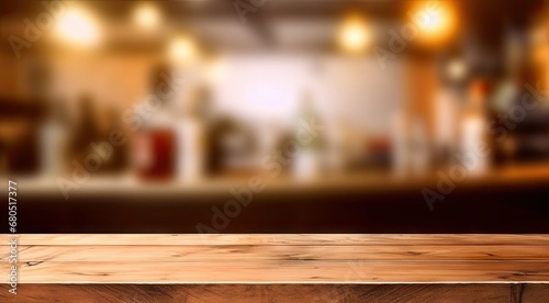 Blurred empty wooden table in modern cafe perfect background for stylish lifestyle shot. Counter with bokeh lights ideal for showcasing trendy bar or restaurant