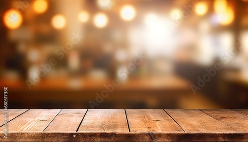 Blurred empty wooden table in modern cafe perfect background for stylish lifestyle shot. Counter with bokeh lights ideal for showcasing trendy bar or restaurant © Thares2020