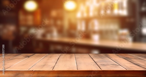 Blurred empty wooden table in modern cafe perfect background for stylish lifestyle shot. Counter with bokeh lights ideal for showcasing trendy bar or restaurant