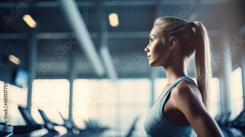 close-up crop of a woman in the gym, with empty copy space