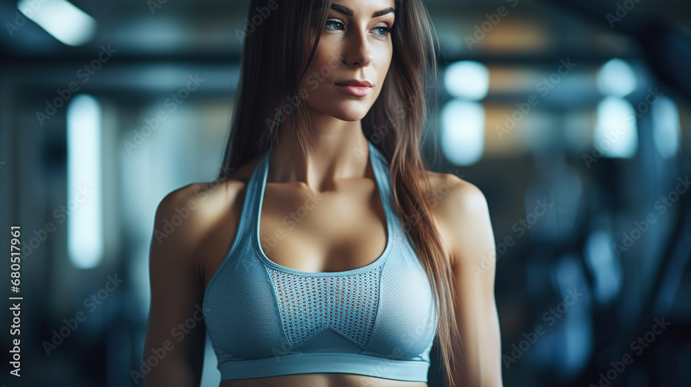 close-up crop of a woman in the gym, with empty copy space