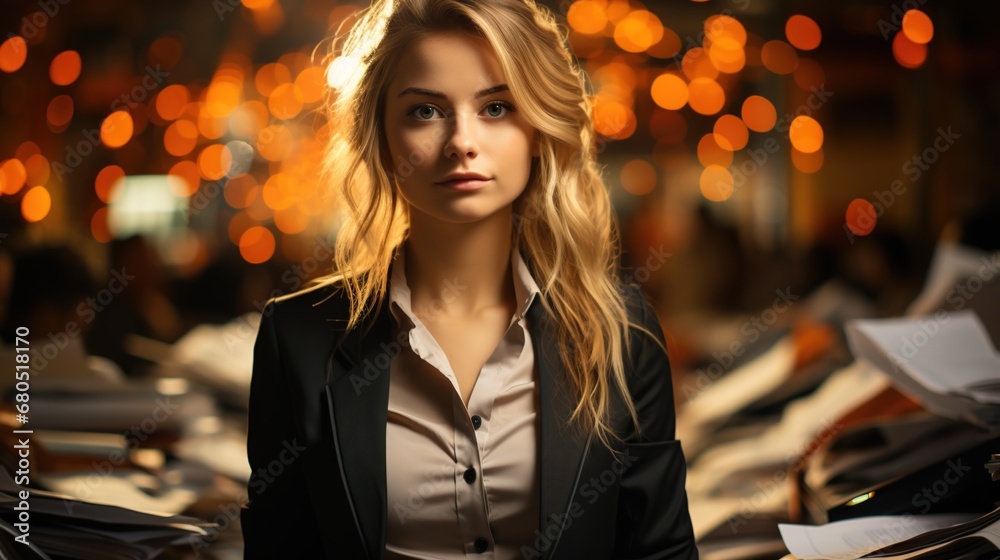 Desk-bound dynamism: A young female clerk stands with purpose on her workspace, a symbol of enthusiasm and commitment to her role Desk-bound dynamism: A young female clerk stands with purpose on her workspace, a symbol of enthusiasm and commitment to her role