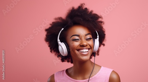 Young African-American woman listens to music using headphones. Girl is enjoying the moment. Pink studio background. Generative AI.