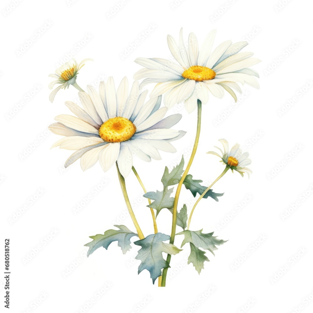 Fototapeta premium Bouquet of watercolor daisy flowers. Many chamomiles with leaves