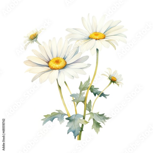 Fototapeta Naklejka Na Ścianę i Meble -  Bouquet of watercolor daisy flowers. Many chamomiles with leaves