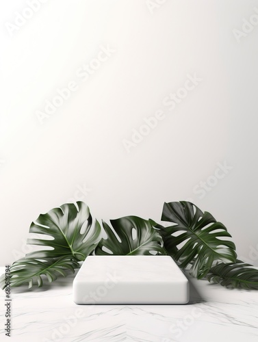 White marble Square podium in white background. decor by monstera leaves and blank Brand product mockup scene stage for product, generative ai