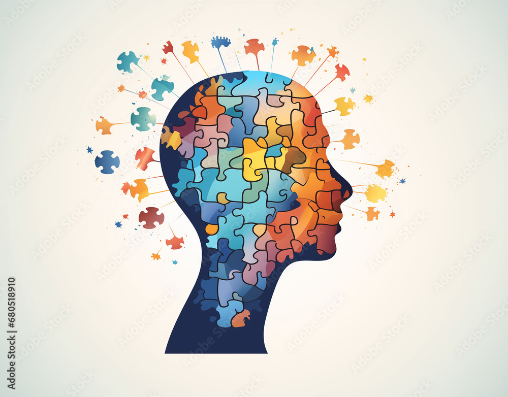Human head profile and jigsaw puzzle, cognitive psychology or psychotherapy concept, mental health, brain problem, personality disorder, vector line design. AI generated Human head profile and jigsaw puzzle, cognitive psychology or psychotherapy concept, mental health, brain problem, personality disorder, vector line design. AI generated