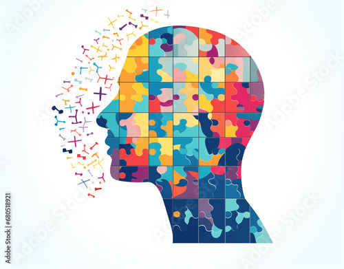 Human head profile and jigsaw puzzle, cognitive psychology or psychotherapy concept, mental health, brain problem, personality disorder, vector line design. AI generated