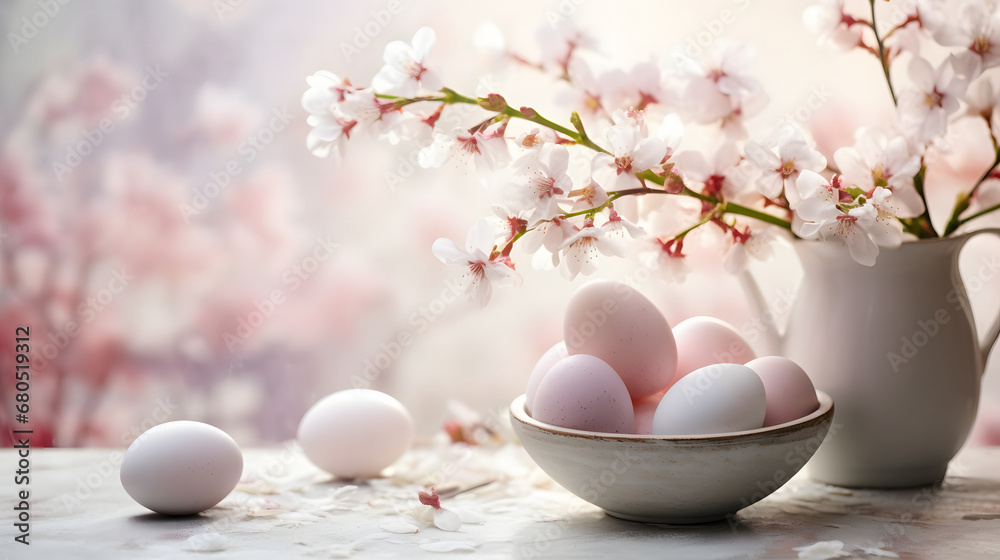 Easter eggs with cherry blossom branch on table, closeup. Happy Easter!