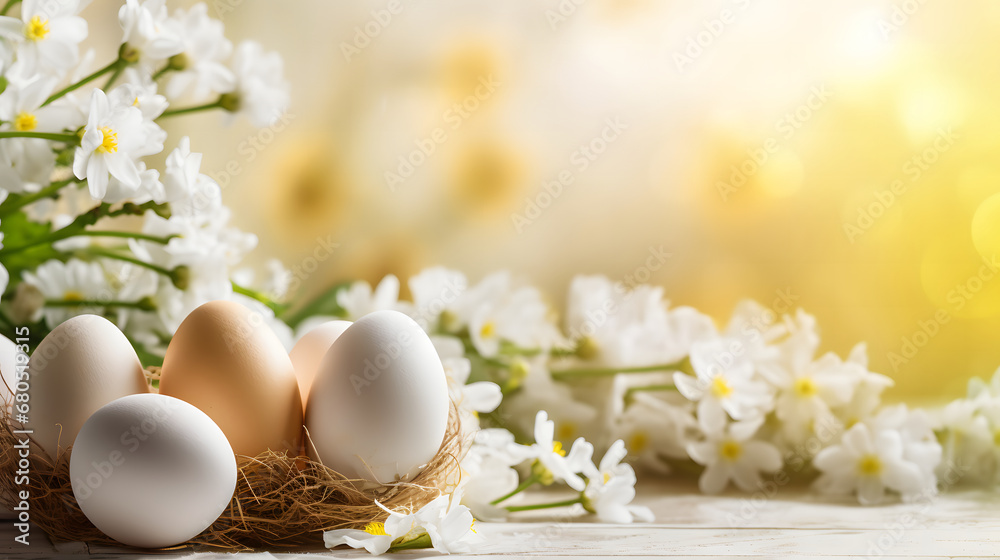 Easter eggs in a nest with spring flowers on a wooden background Easter eggs in a nest with spring flowers on a wooden background