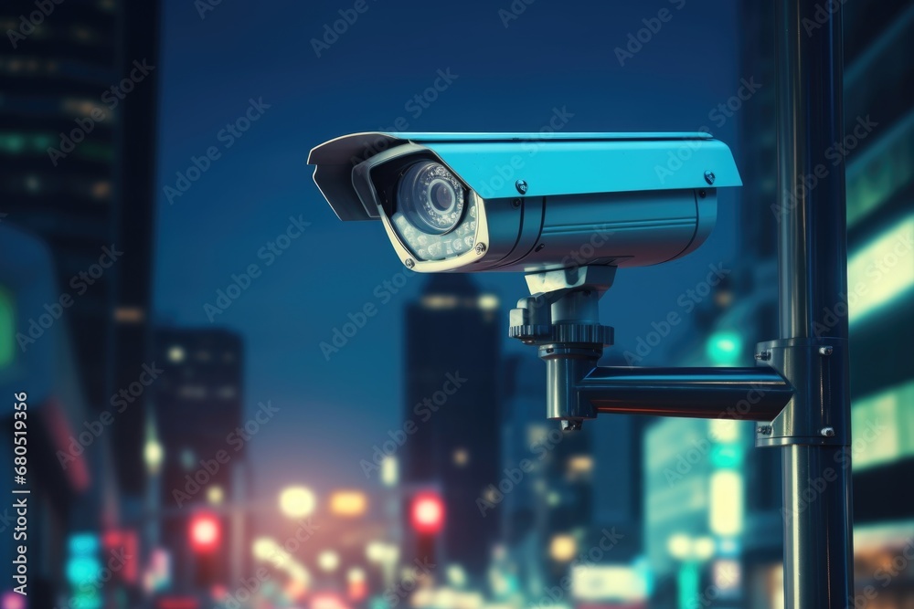 Close up futuristic CCTV security camera in street of smart city Close up futuristic CCTV security camera in street of smart city